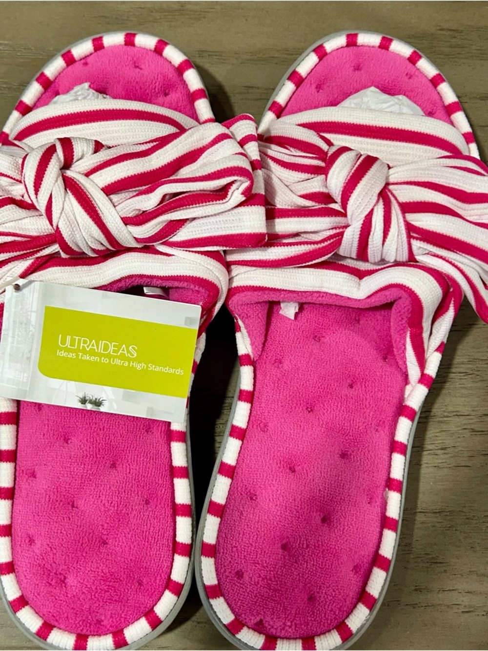 Pink Striped Bow Slide Slippers with Plush Footbed
